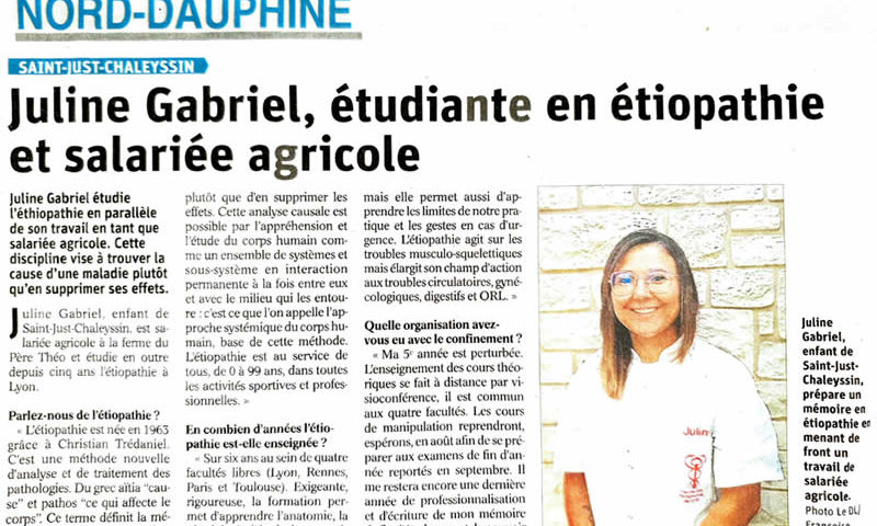Article du Dauphiné Libéré - Juline Gabriel - Etiopathe lyon