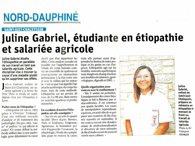 Article du Dauphiné Libéré - Juline Gabriel - Etiopathe lyon